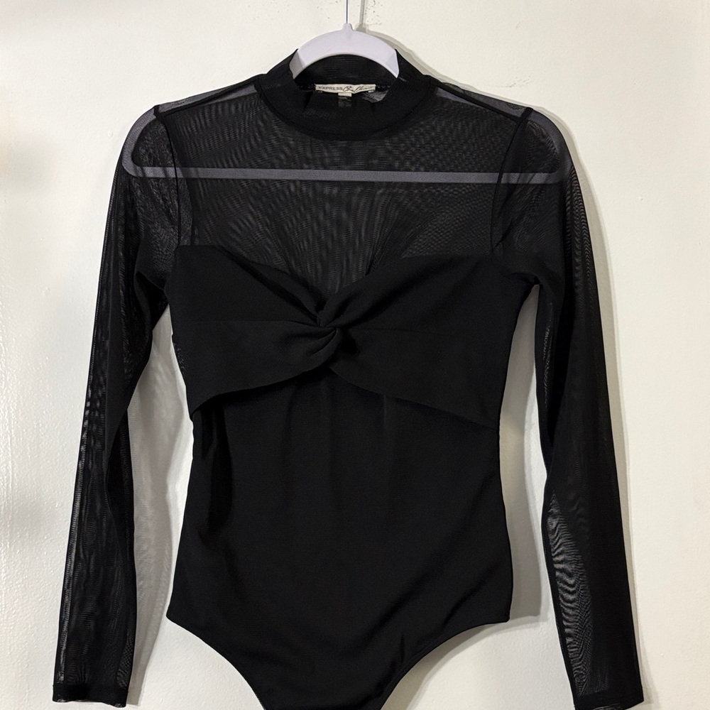 Express One Eleven Elegant Black Mesh Long Sleeve Bodysuit